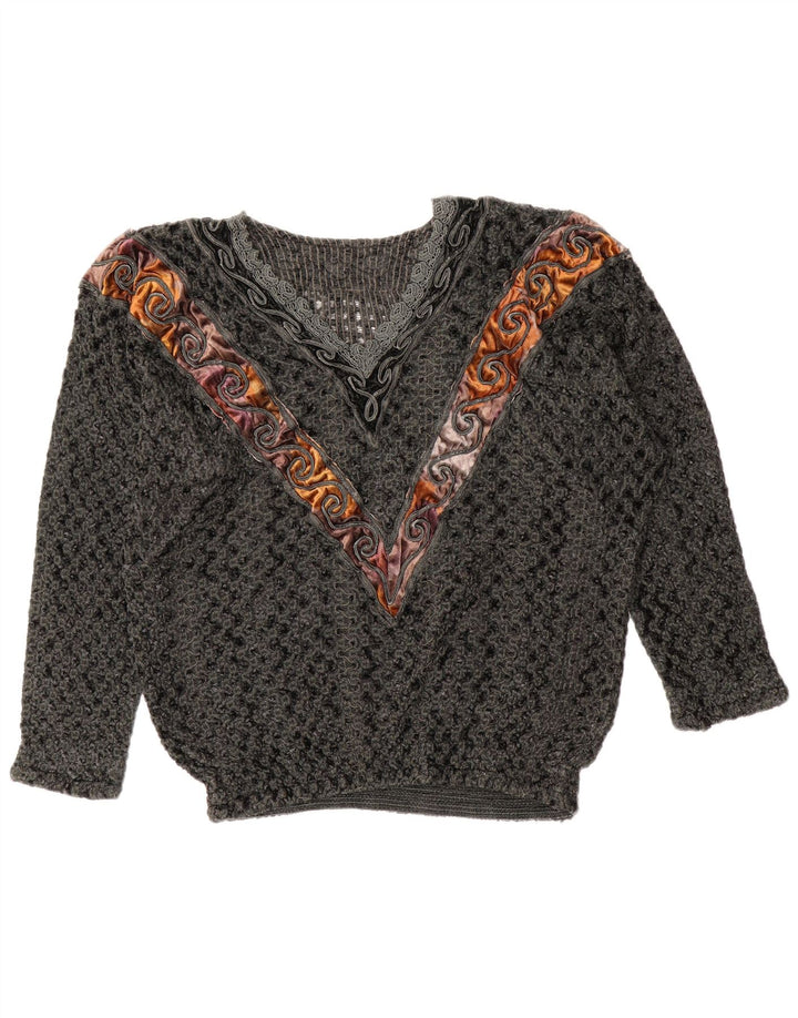 Vintage Womens V-Neck Jumper Sweater UK 14 Large Grey Colourblock