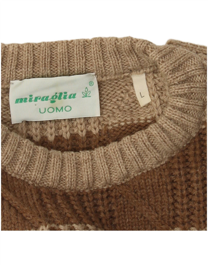 Vintage Mens Crew Neck Jumper Sweater Large Brown Striped