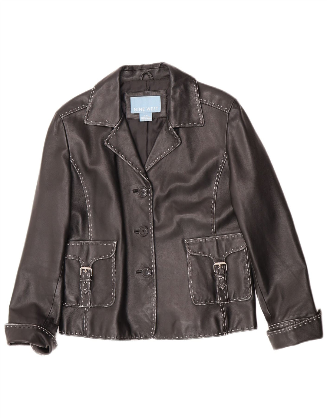 Nine West Womens 3 Button Leather Blazer Jacket UK 16 Large Black Leather