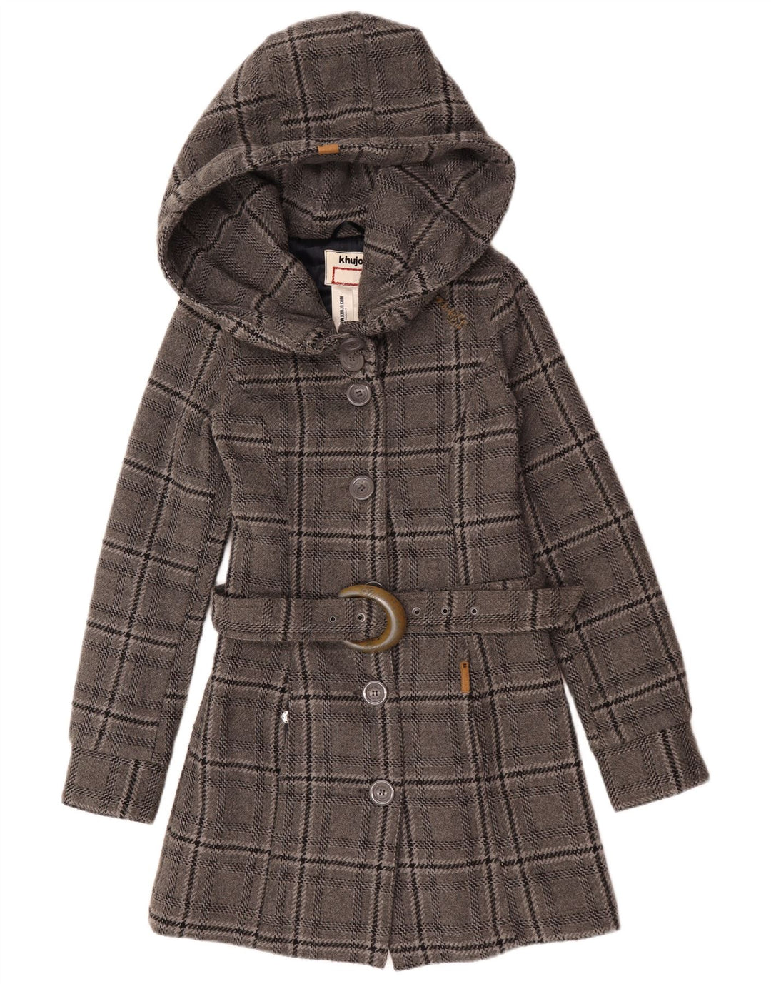 KHUJO Womens Hooded Overcoat UK 12 Medium Grey Check Wool