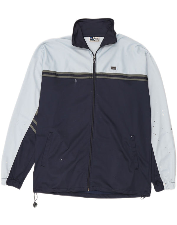Asics Mens Tracksuit Top Jacket Large Navy Blue Colourblock Polyester
