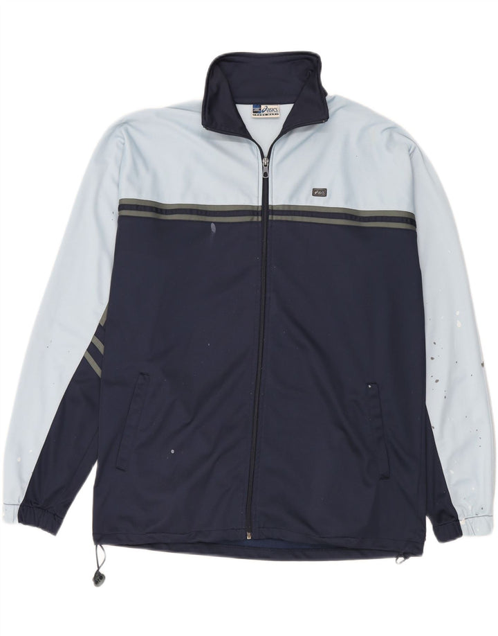 Asics Mens Tracksuit Top Jacket Large Navy Blue Colourblock Polyester
