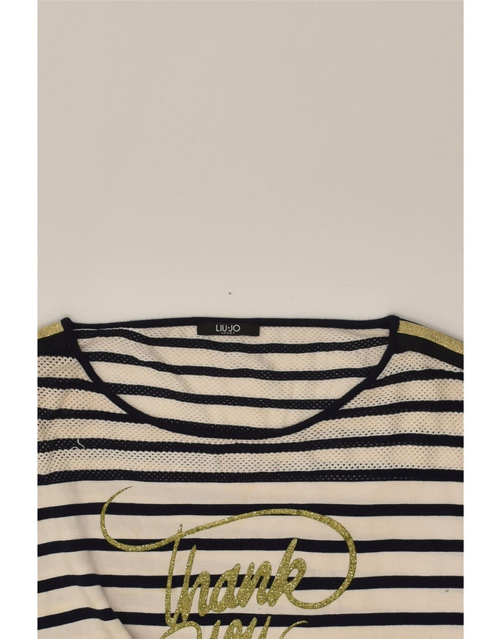 LIU JO Womens Graphic T-Shirt Top UK 18 XL Off White Striped | Vintage Liu Jo | Thrift | Second-Hand Liu Jo | Used Clothing | Messina Hembry 