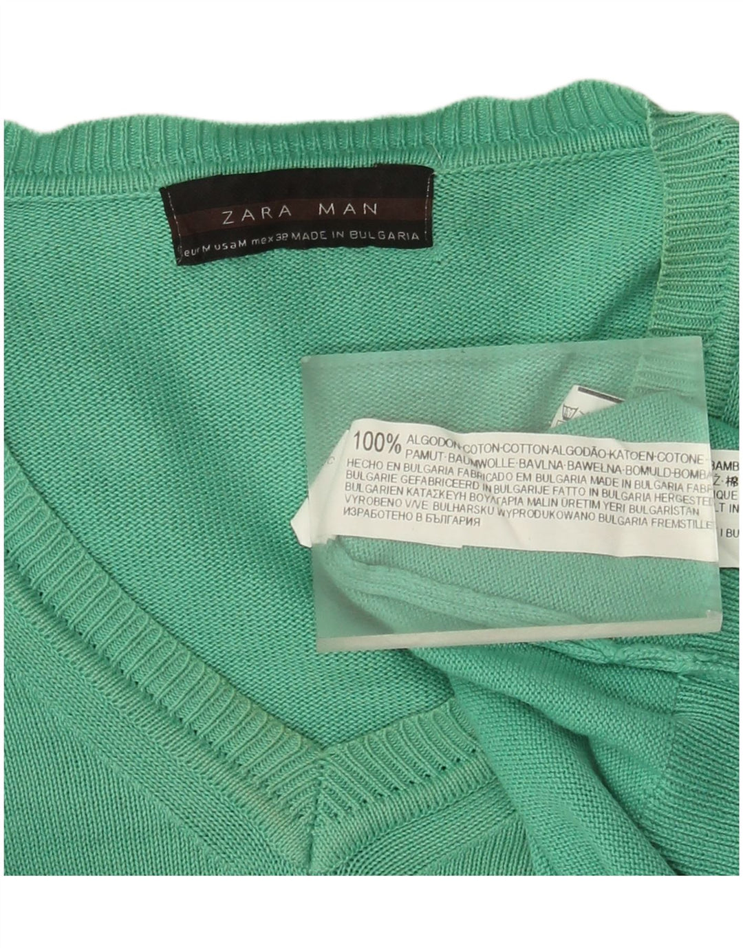 Zara Mens V-Neck Jumper Sweater Medium Green Cotton