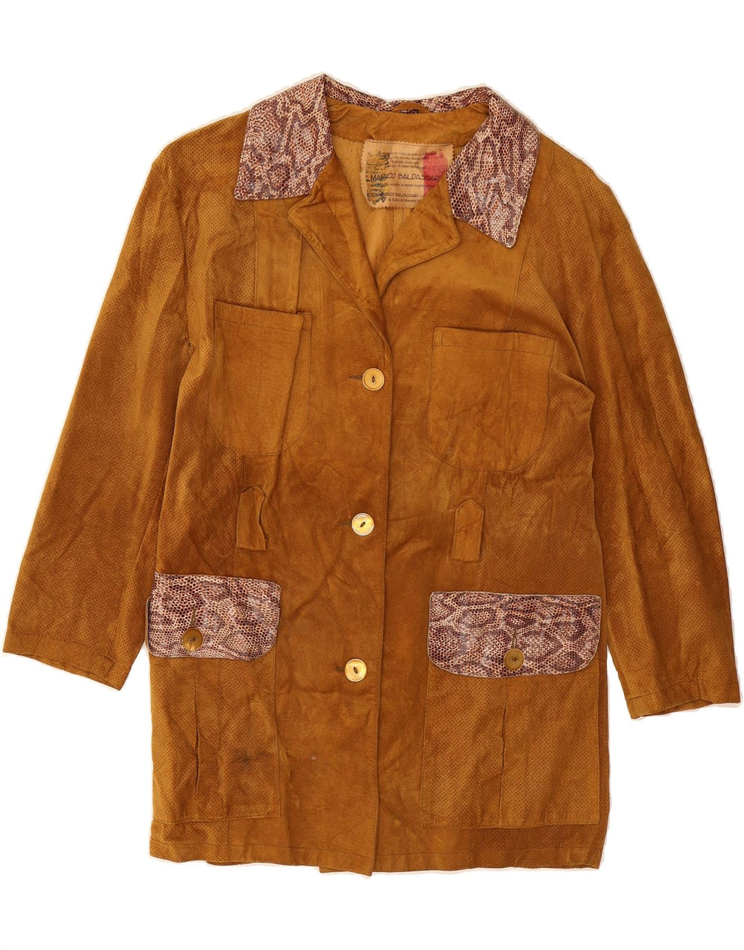 MARCO BALDASSARI Womens Suede Overcoat UK 14 Medium Brown Animal Print Vintage Marco Baldassari and Second-Hand Marco Baldassari from Messina Hembry 