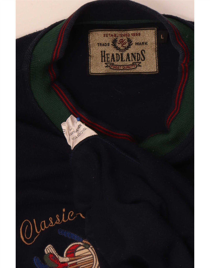 Vintage Mens Graphic Regular Fit Sweatshirt Jumper Large Navy Blue Cotton