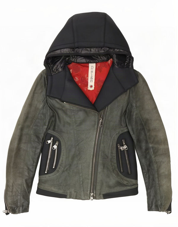 Delan Womens Hooded Leather Biker Jacket IT 42 Medium Green Colourblock