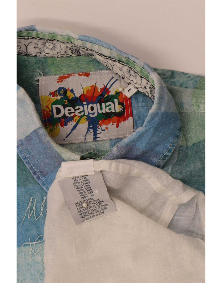 Desigual Mens Graphic Short Sleeve Shirt Large White Check Linen