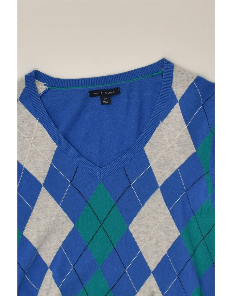 TOMMY HILFIGER Mens V-Neck Jumper Sweater Small Blue Argyle/Diamond Cotton | Vintage Tommy Hilfiger | Thrift | Second-Hand Tommy Hilfiger | Used Clothing | Messina Hembry 