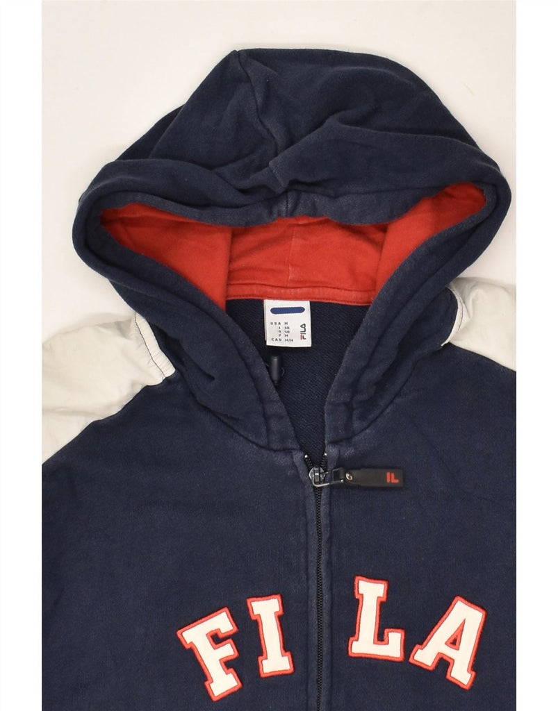 FILA Mens Graphic Zip Hoodie Sweater IT 50 Medium Navy Blue Colourblock | Vintage Fila | Thrift | Second-Hand Fila | Used Clothing | Messina Hembry 