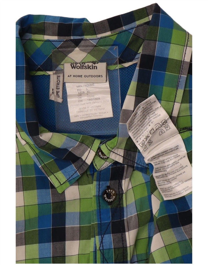 JACK WOLFSKIN Mens Short Sleeve Shirt UK 40/42 Large Blue Check Cotton