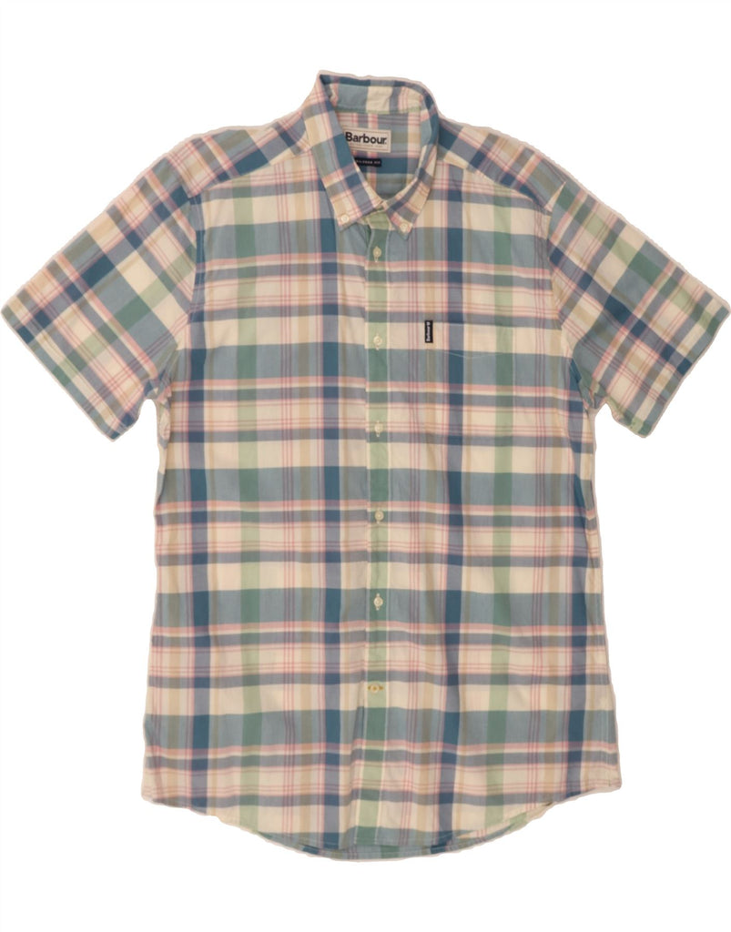BARBOUR Mens Tailored Fit Short Sleeve Shirt Large Blue Check Cotton Vintage Barbour and Second-Hand Barbour from Messina Hembry 
