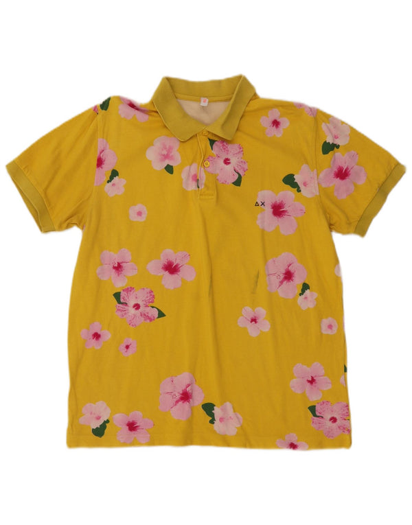 Sun68 Womens Polo Shirt UK 18 XL Yellow Floral Cotton