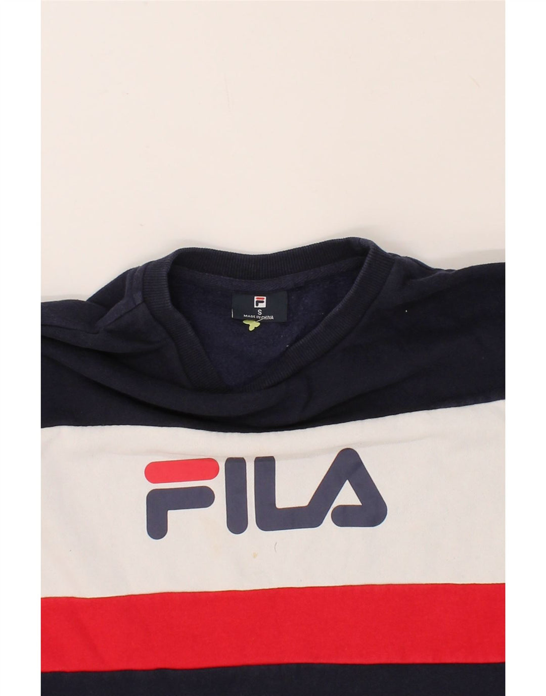 FILA Mens Graphic Sweatshirt Jumper Small Navy Blue Colourblock Cotton Vintage Fila and Second-Hand Fila from Messina Hembry 