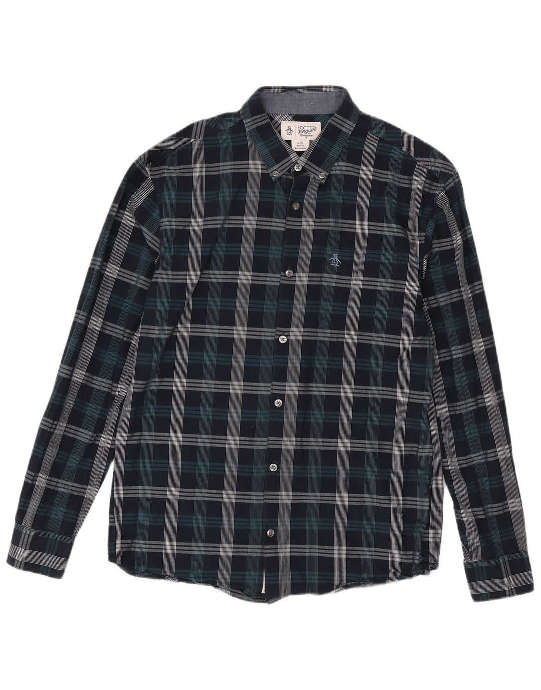 Penguin Mens Shirt Large Navy Blue Check Cotton