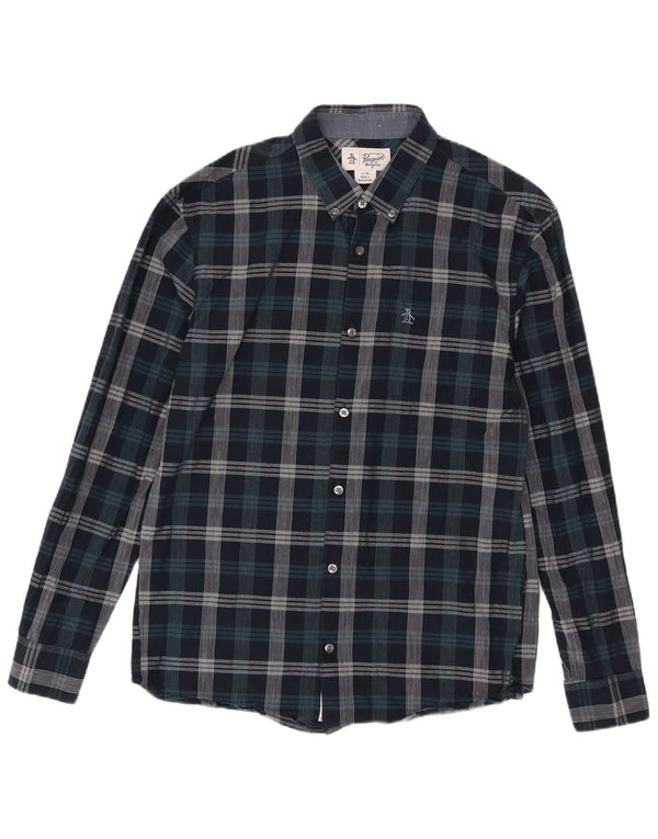 Penguin Mens Shirt Large Navy Blue Check Cotton