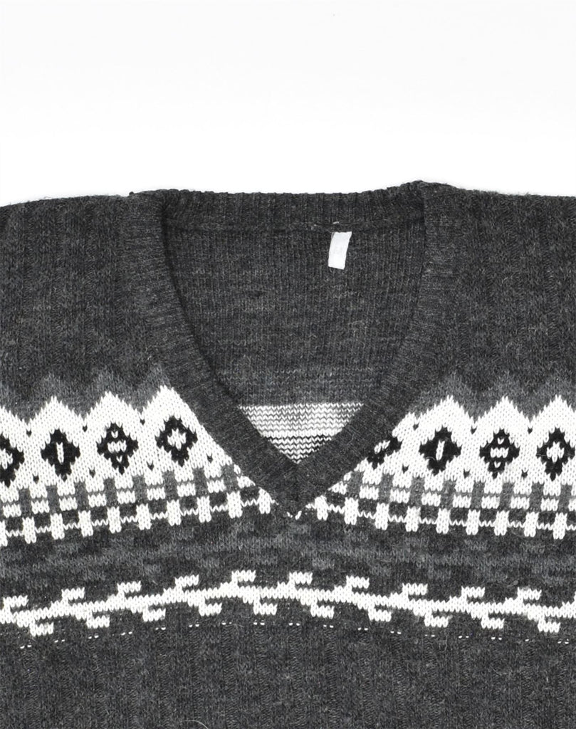 VINTAGE Mens V-Neck Jumper Sweater Medium Grey Fair Isle Wool | Vintage Vintage | Thrift | Second-Hand Vintage | Used Clothing | Messina Hembry 