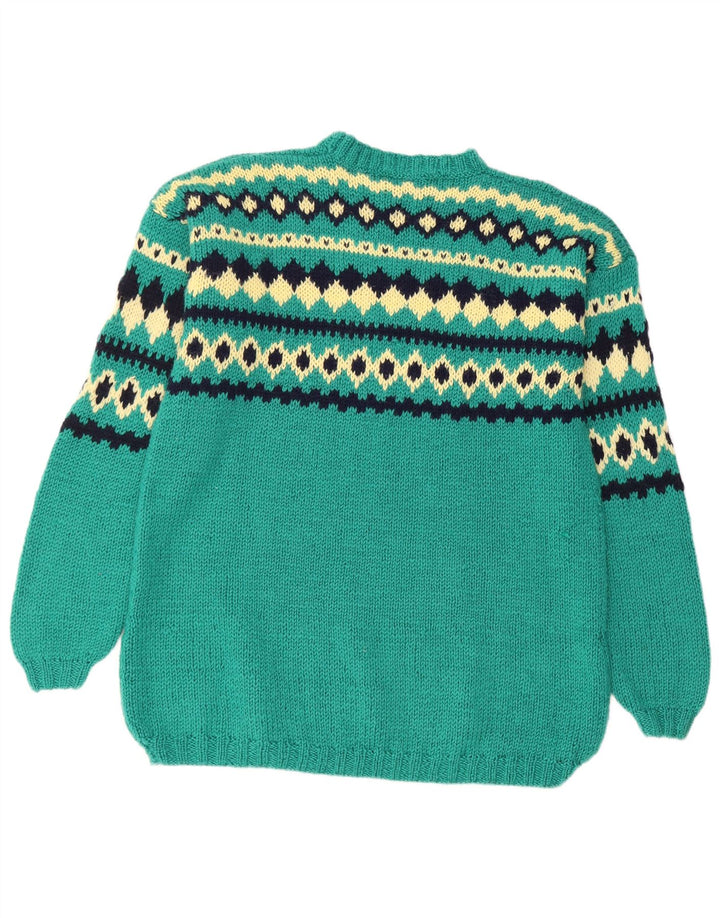VINTAGE Womens Crew Neck Jumper Sweater UK 14 Large Green Fair Isle