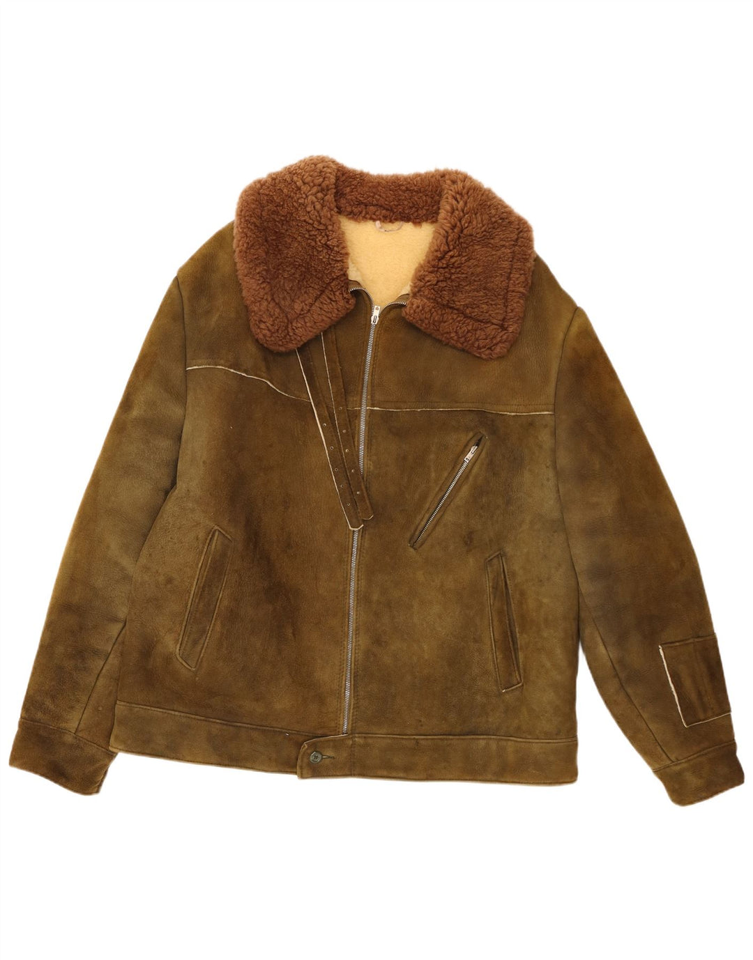 Vintage Mens Sherpa Suede Jacket IT 58 4XL Khaki