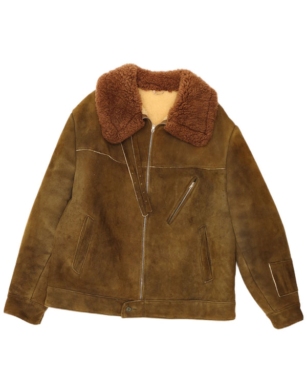 Vintage Mens Sherpa Suede Jacket IT 58 4XL Khaki