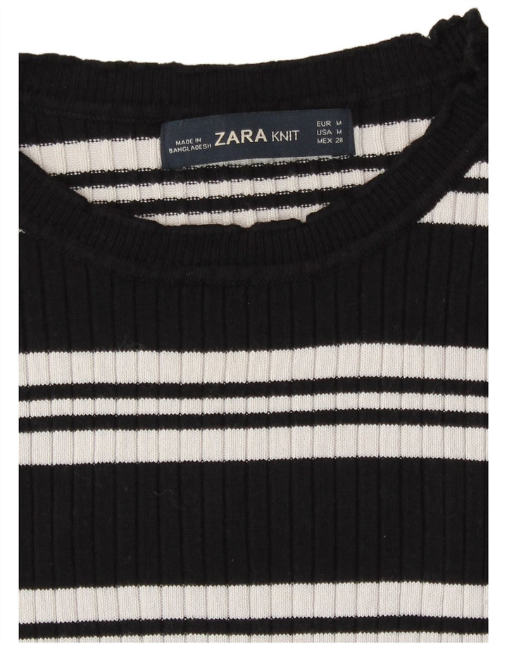 Zara Womens Crop Top Long Sleeve UK 12 Medium Black Striped