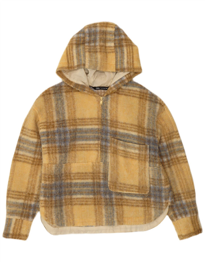 ZARA Womens Oversized Hooded Jumper Sweater UK 14 Medium Yellow Check Wool