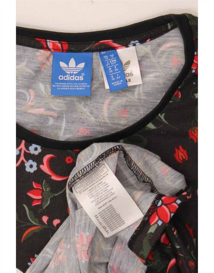 ADIDAS Womens Graphic T-Shirt Top UK 10 Small Black Floral Polyester