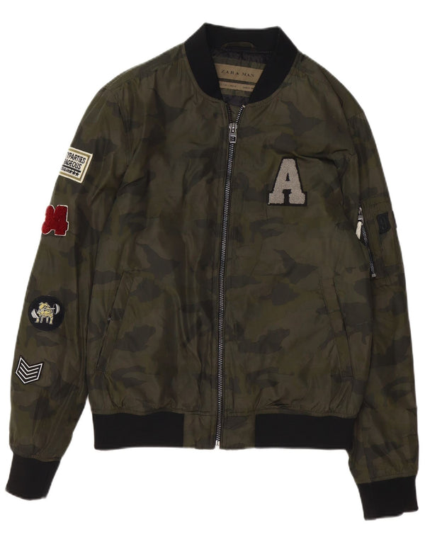 Zara Mens Graphic Bomber Jacket UK 40 Large Green Camouflage Polyester