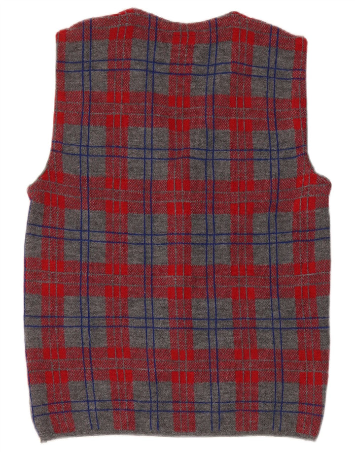 Vintage Mens Sleeveless Cardigan Sweater Small Grey Check Wool