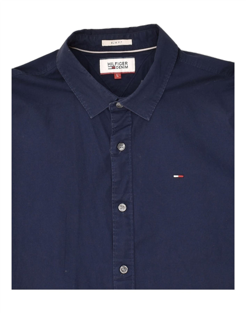 TOMMY HILFIGER Mens Slim Fit Shirt Large Navy Blue Cotton Vintage Tommy Hilfiger and Second-Hand Tommy Hilfiger from Messina Hembry 