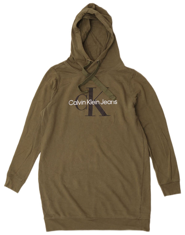 Calvin Klein Jeans Womens Longline Graphic Hoodie Jumper UK 12 Medium Khaki