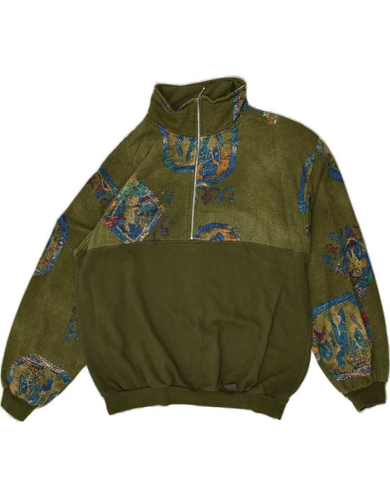TRIGEMA Mens Graphic Zip Neck Sweatshirt Jumper Medium Green Geometric | Vintage Trigema | Thrift | Second-Hand Trigema | Used Clothing | Messina Hembry 
