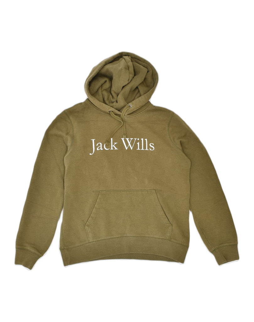 JACK WILLS Womens Graphic Hoodie Jumper UK 12 Medium Khaki Cotton | Vintage | Thrift | Second-Hand | Used Clothing | Messina Hembry 