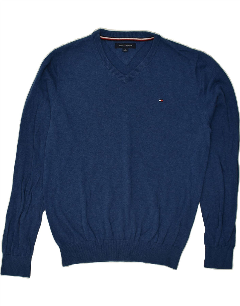 TOMMY HILFIGER Mens V-Neck Jumper Sweater Medium Blue Cotton | Vintage Tommy Hilfiger | Thrift | Second-Hand Tommy Hilfiger | Used Clothing | Messina Hembry 