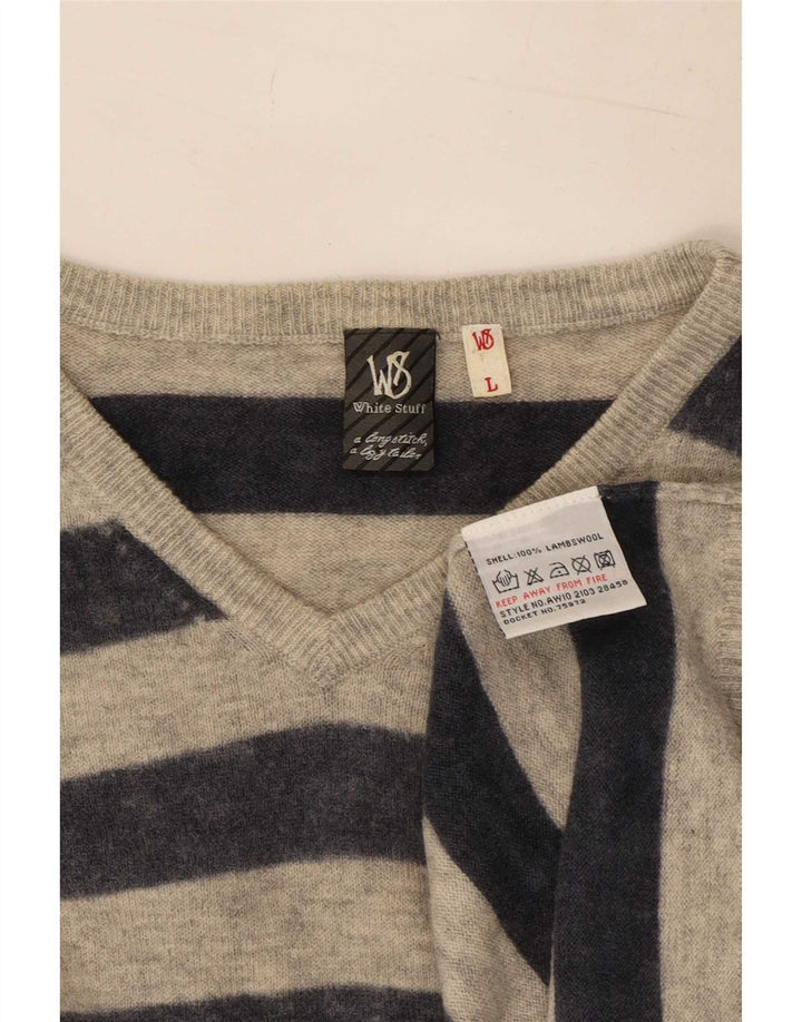 White Stuff Mens V-Neck Jumper Sweater Large Grey Striped Wool