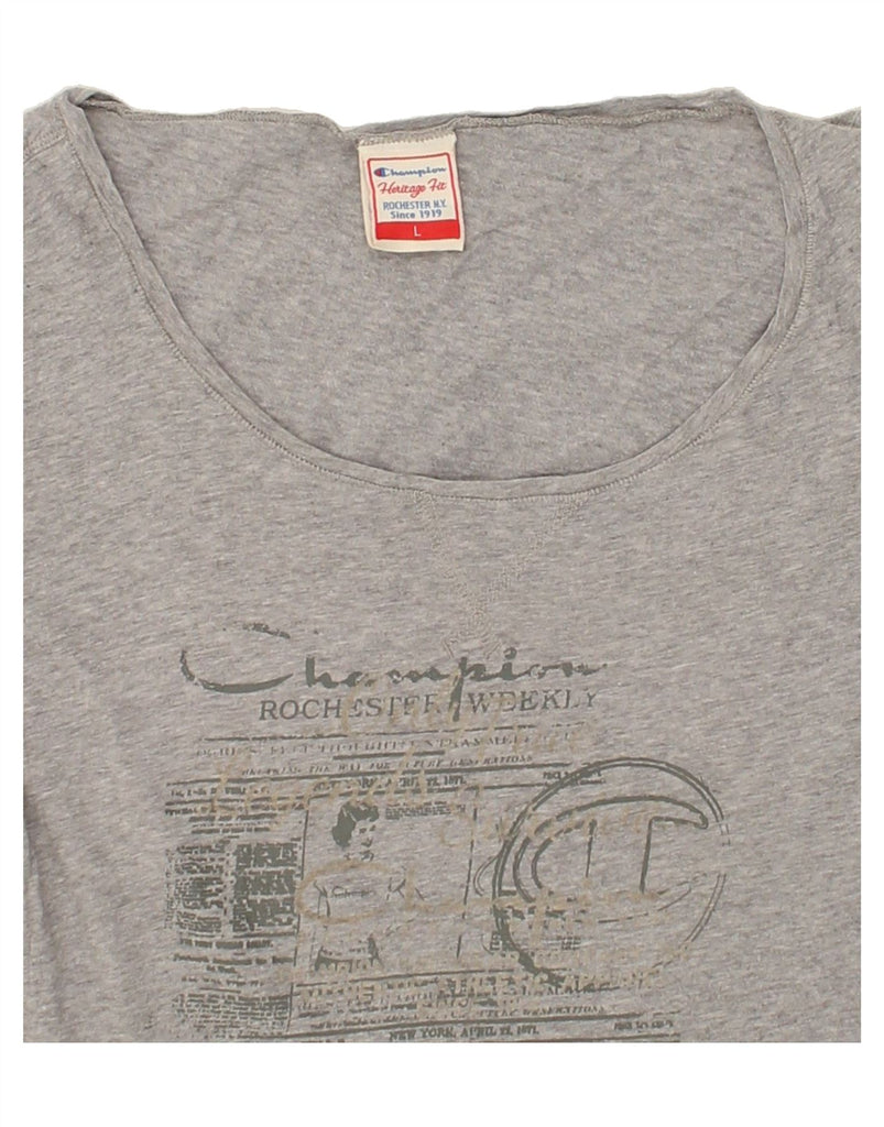 CHAMPION Womens Herritage Fit Graphic T-Shirt Top UK 14 Large Grey Cotton | Vintage Champion | Thrift | Second-Hand Champion | Used Clothing | Messina Hembry 