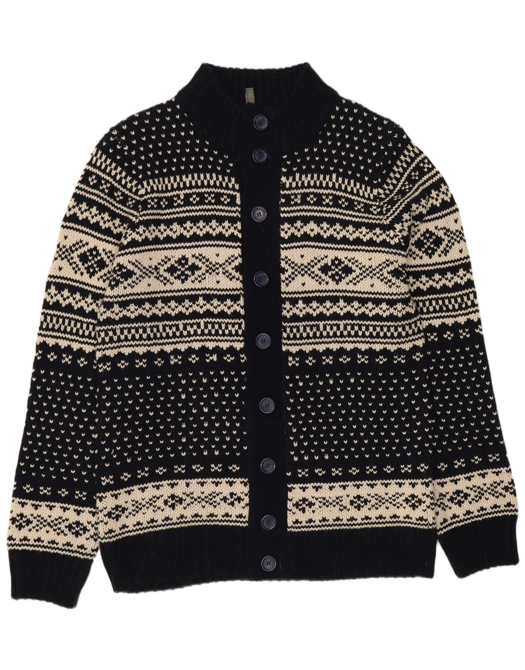 VINTAGE Mens Cardigan Sweater 2XL Navy Blue Fair Isle Acrylic