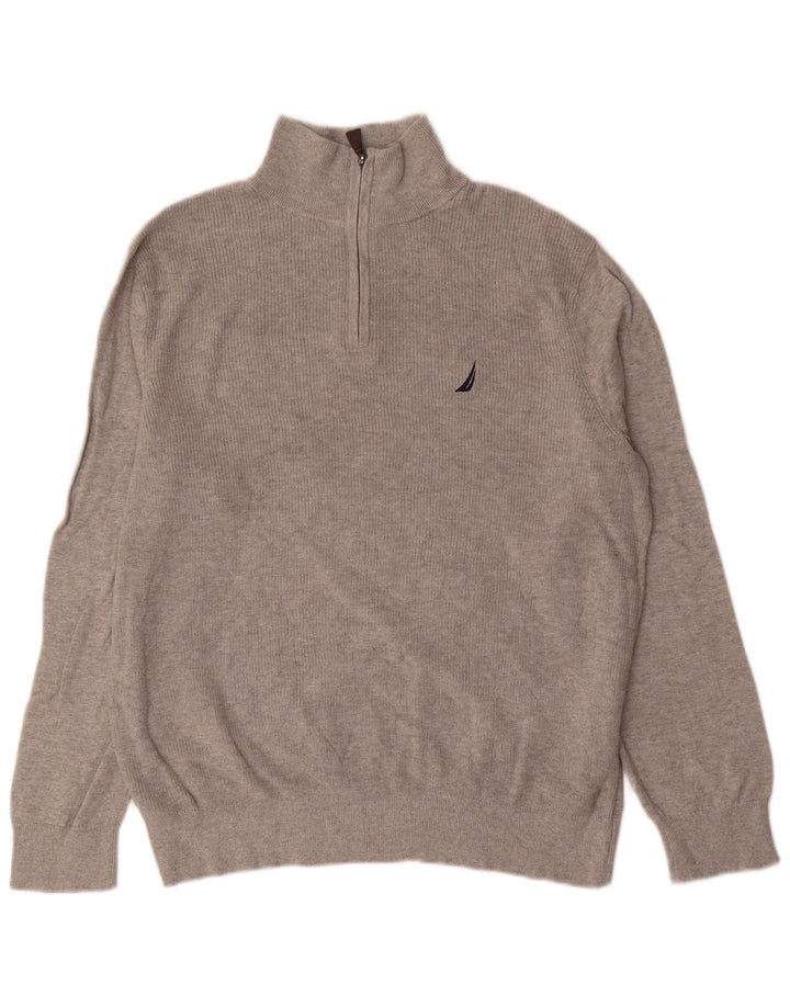 Nautica Mens Zip Neck Jumper Sweater Large Grey Cotton