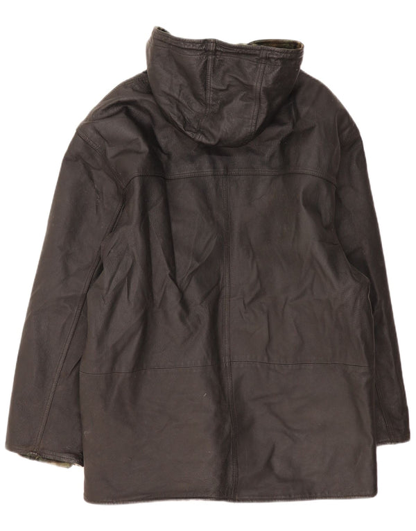 Vintage Mens Hooded Leather Coat UK 44 2XL Black