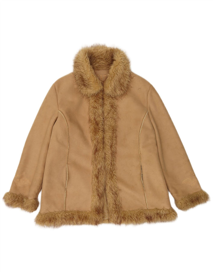 Vintage Womens Open Sherpa Jacket UK 14 Large Beige Polyester