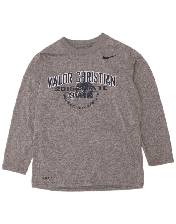Nike Boys Dri Fit Graphic Top Long Sleeve 8-9 Years Small Grey Polyester
