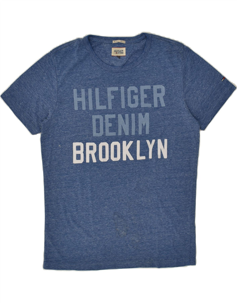 TOMMY HILFIGER Mens Graphic T-Shirt Top Medium Blue Flecked Polyester Vintage Tommy Hilfiger and Second-Hand Tommy Hilfiger from Messina Hembry 