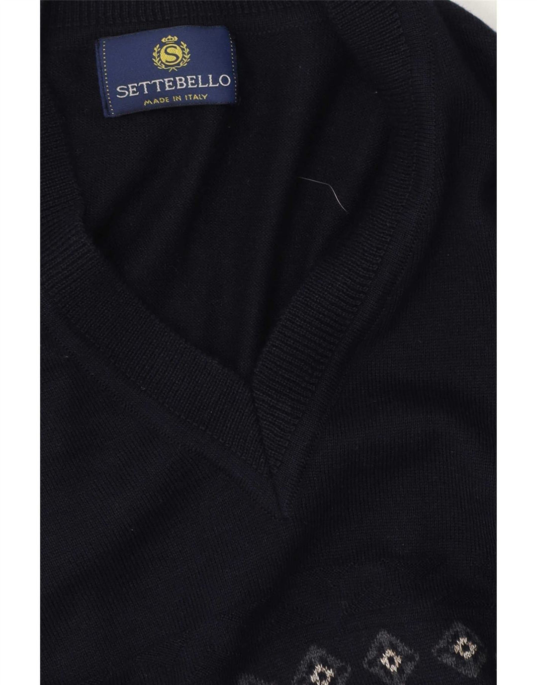 Settebello Mens V-Neck Jumper Sweater Large Navy Blue Fair Isle