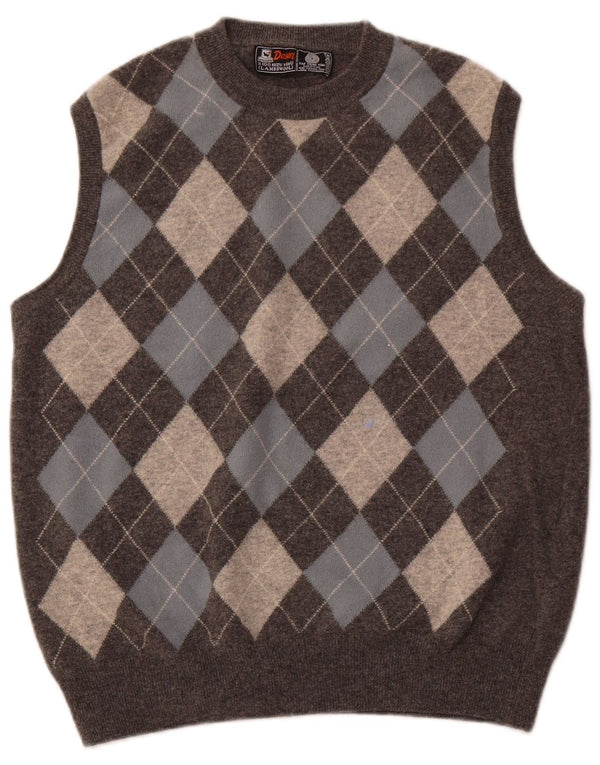VINTAGE Mens Vest Tank Top Medium Brown Argyle/Diamond Lambswool