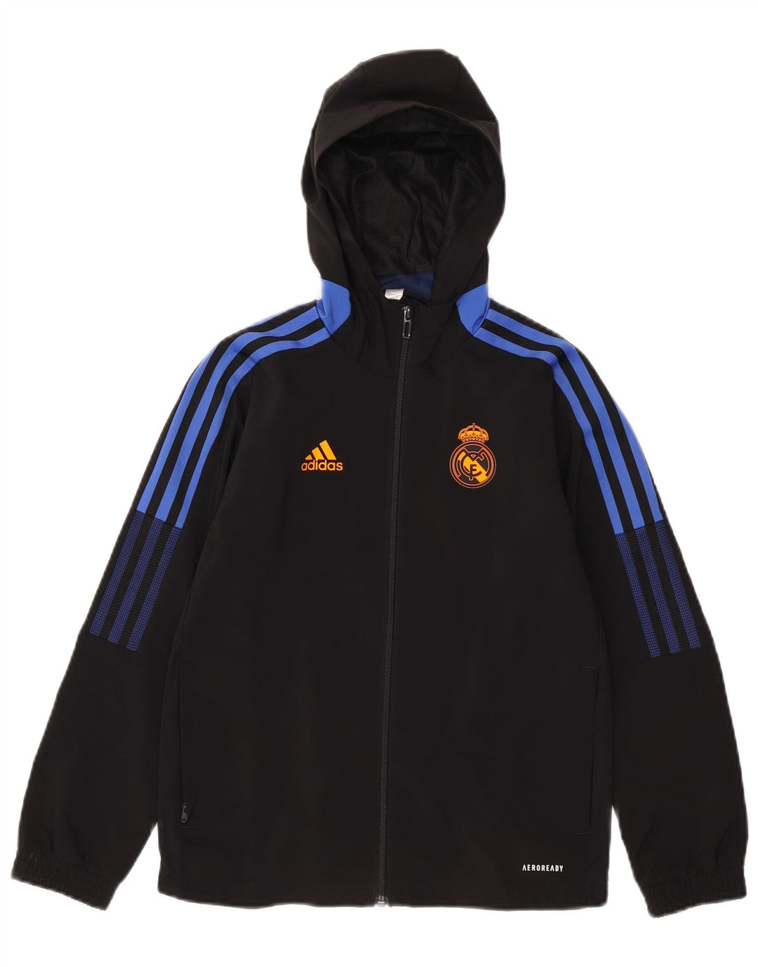 ADIDAS Boys Real Madrid Hooded Tracksuit Top Jacket 9-10 Years Black