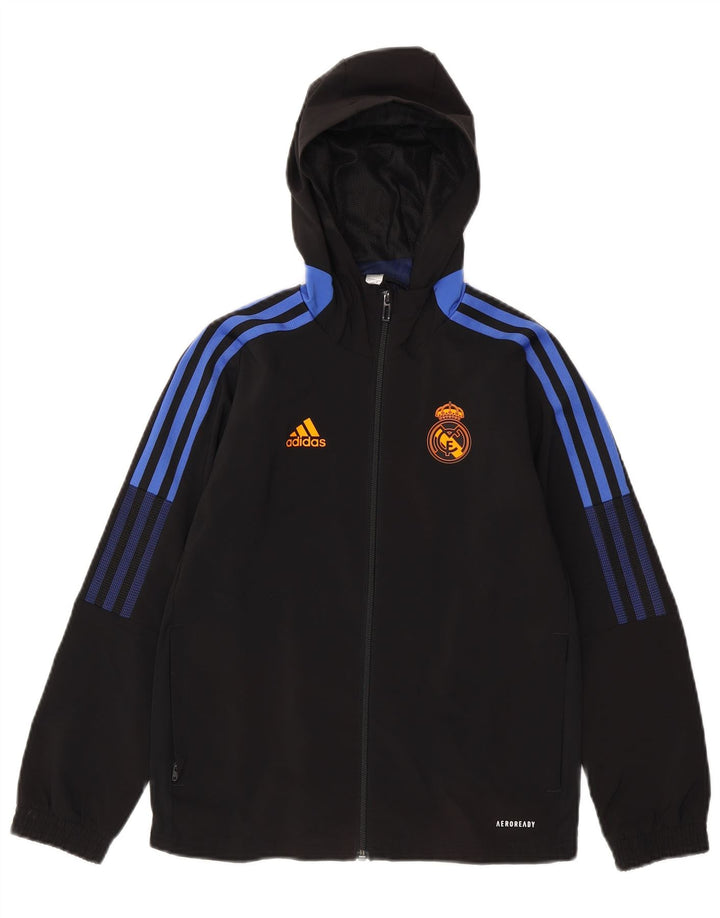 ADIDAS Boys Real Madrid Hooded Tracksuit Top Jacket 9-10 Years Black
