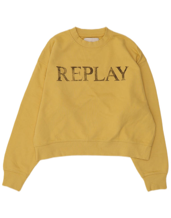 Replay Womens Graphic Crop Sweatshirt Jumper UK 14 Medium Yellow Cotton