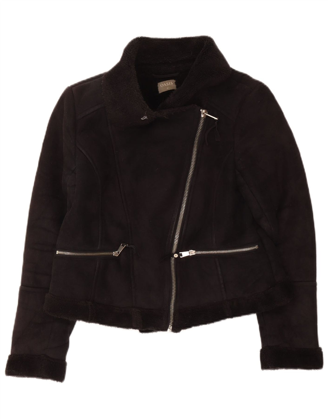 Oasis Womens Sherpa Biker Jacket UK 14 Medium Black Polyester