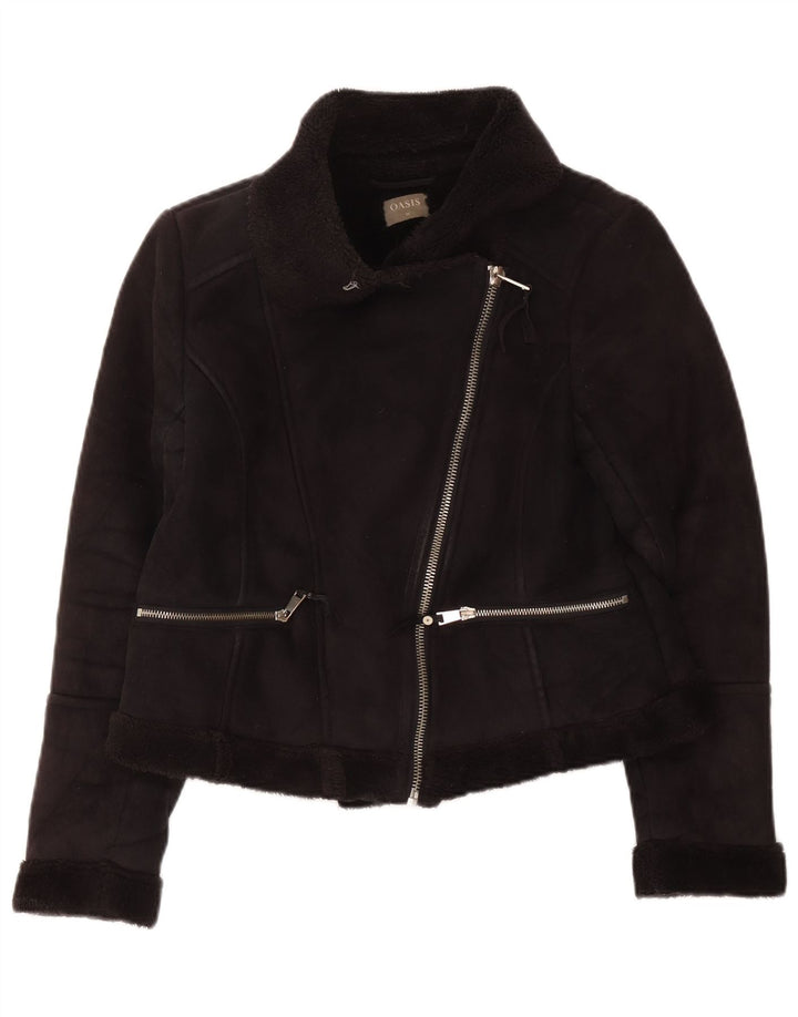 Oasis Womens Sherpa Biker Jacket UK 14 Medium Black Polyester