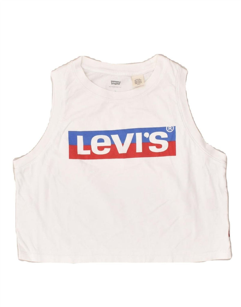 LEVI'S Womens Crop Graphic Vest Top UK 10 Small White Cotton | Vintage Levi's | Thrift | Second-Hand Levi's | Used Clothing | Messina Hembry 